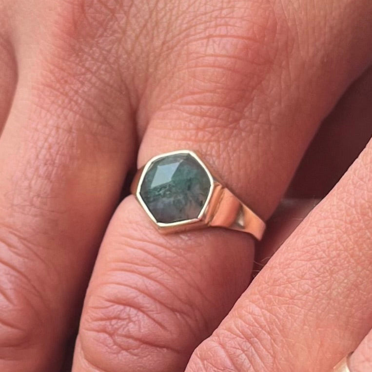 Gold ring with a hexagon moss agate