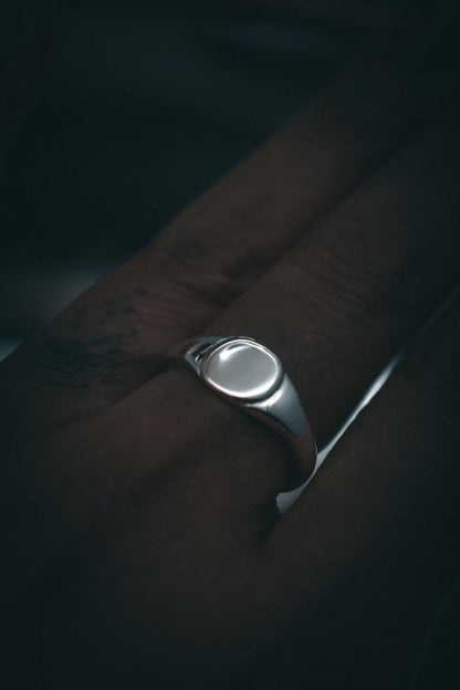 Silver Signet Ring Round on model